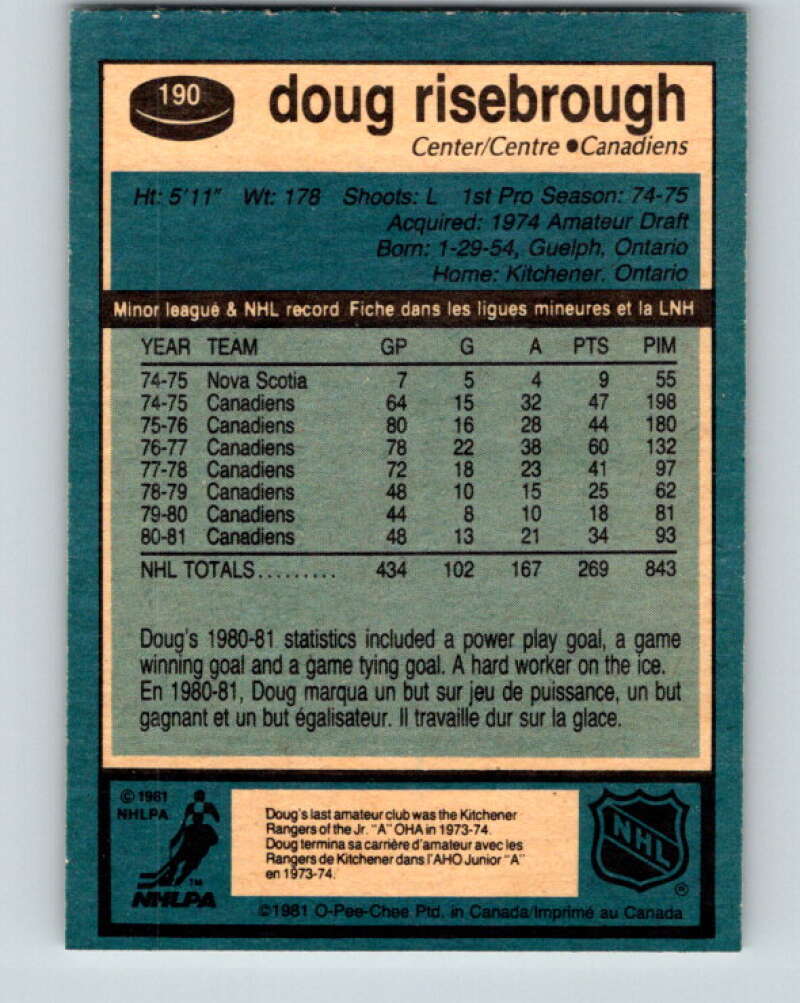 1981-82 O-Pee-Chee #190 Doug Risebrough  Montreal Canadiens  V30822