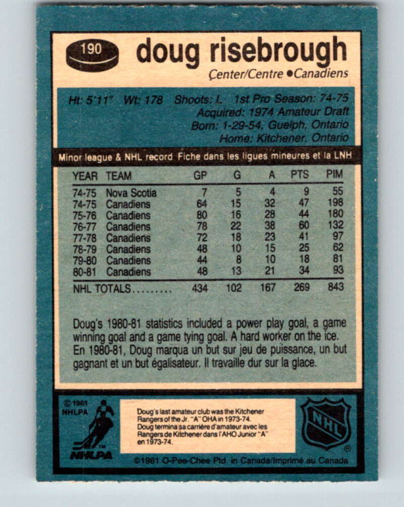 1981-82 O-Pee-Chee #190 Doug Risebrough  Montreal Canadiens  V30827