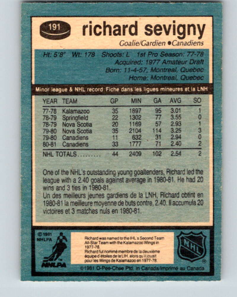 1981-82 O-Pee-Chee #191 Richard Sevigny  Montreal Canadiens  V30829