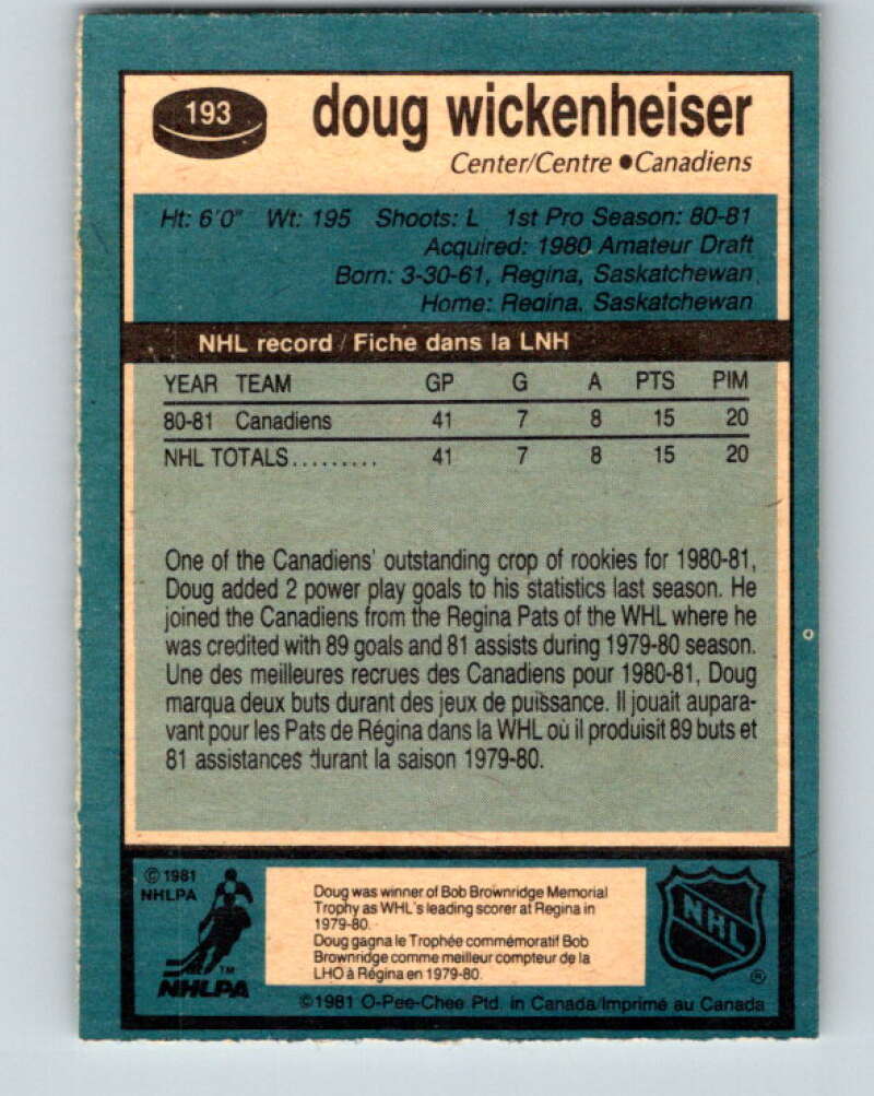 1981-82 O-Pee-Chee #193 Doug Wickenheiser RC Rookie Canadiens  V30844