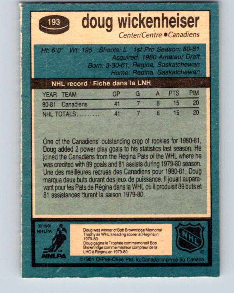 1981-82 O-Pee-Chee #193 Doug Wickenheiser RC Rookie Canadiens  V30849