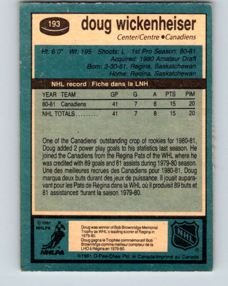 1981-82 O-Pee-Chee #193 Doug Wickenheiser RC Rookie Canadiens  V30851