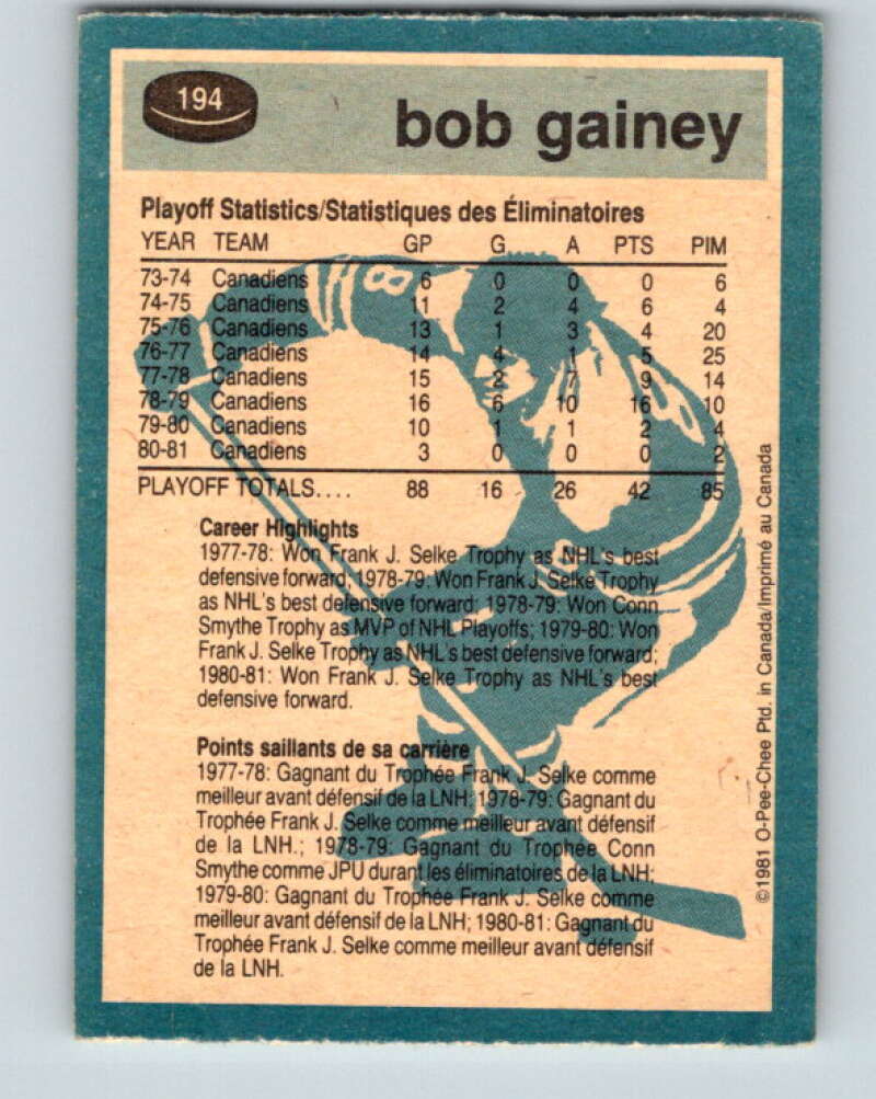 1981-82 O-Pee-Chee #194 Bob Gainey  Montreal Canadiens  V30858