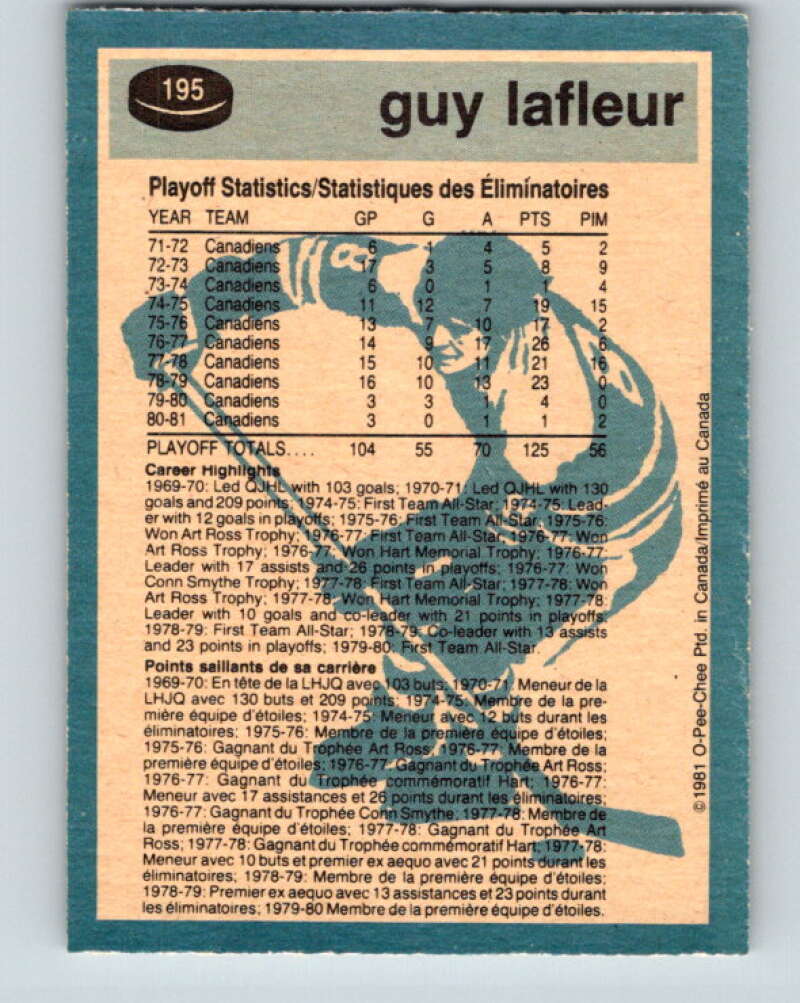 1981-82 O-Pee-Chee #195 Guy Lafleur  Montreal Canadiens  V30868