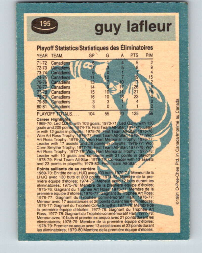 1981-82 O-Pee-Chee #195 Guy Lafleur  Montreal Canadiens  V30870