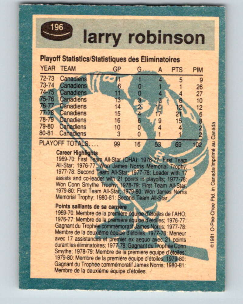 1981-82 O-Pee-Chee #196 Larry Robinson  Montreal Canadiens  V30876