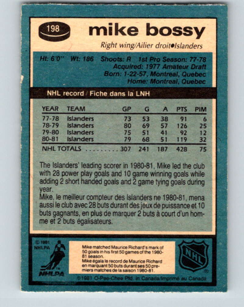 1981-82 O-Pee-Chee #198 Mike Bossy  New York Islanders  V30897