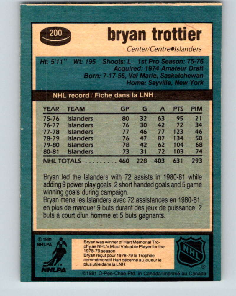 1981-82 O-Pee-Chee #200 Bryan Trottier  New York Islanders  V30911