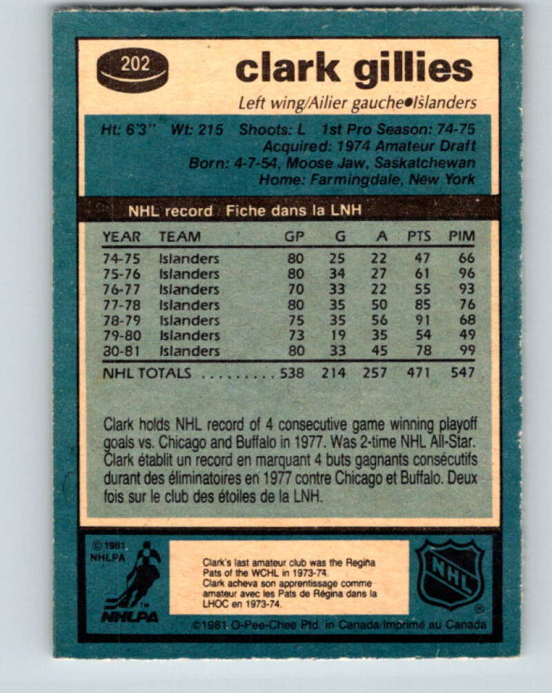 1981-82 O-Pee-Chee #202 Clark Gillies  New York Islanders  V30925