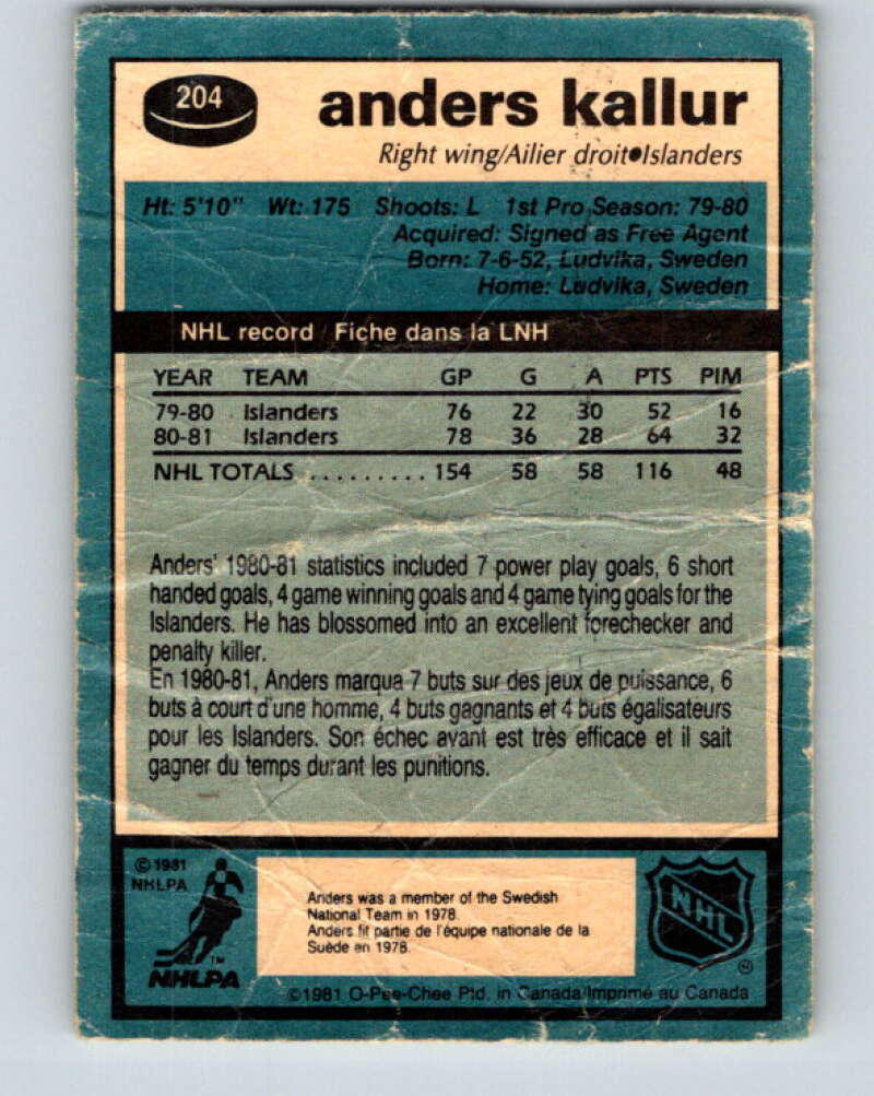 1981-82 O-Pee-Chee #204 Anders Kallur  New York Islanders  V30930