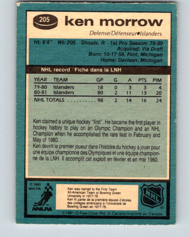 1981-82 O-Pee-Chee #205 Ken Morrow  New York Islanders  V30933