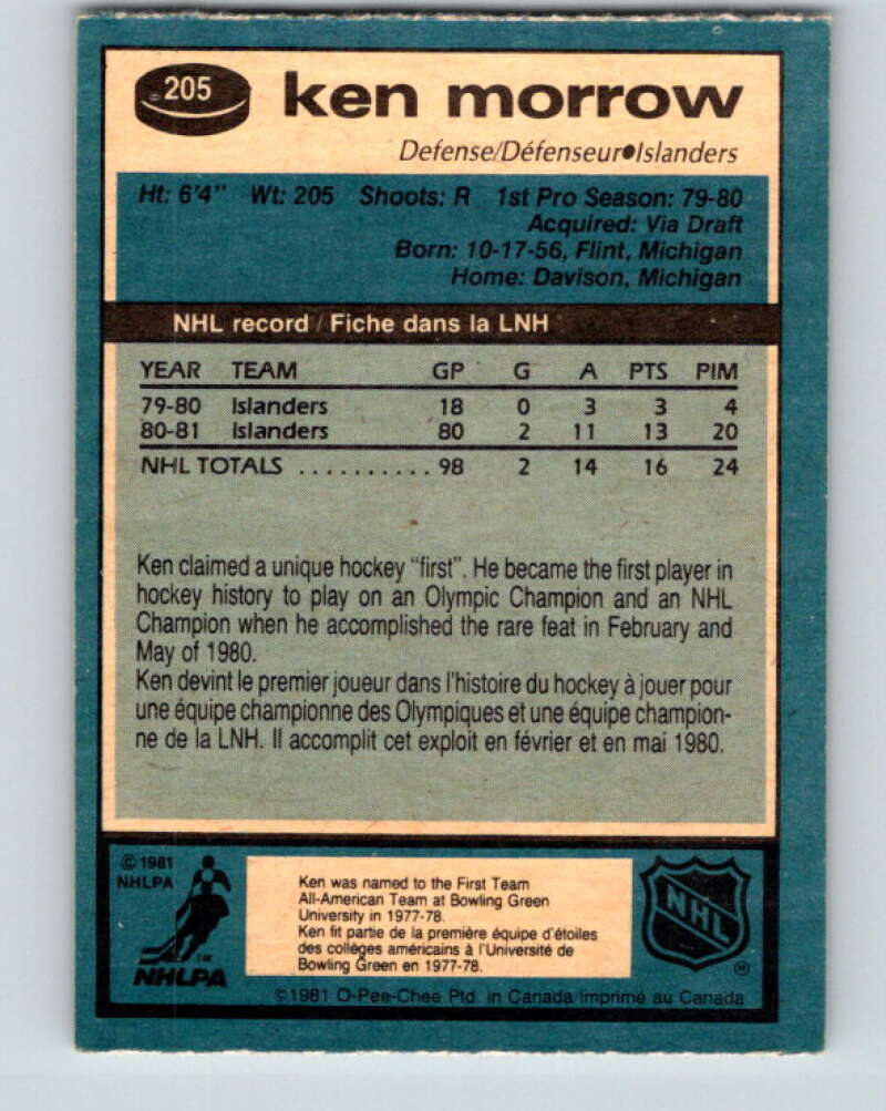 1981-82 O-Pee-Chee #205 Ken Morrow  New York Islanders  V30940