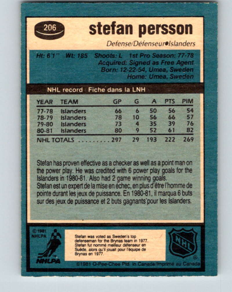 1981-82 O-Pee-Chee #206 Stefan Persson  New York Islanders  V30944