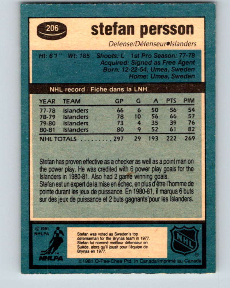 1981-82 O-Pee-Chee #206 Stefan Persson  New York Islanders  V30949