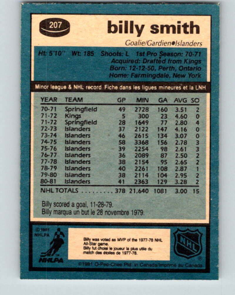 1981-82 O-Pee-Chee #207 Billy Smith  New York Islanders  V30950