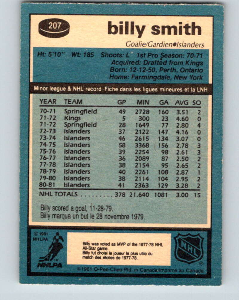 1981-82 O-Pee-Chee #207 Billy Smith  New York Islanders  V30952