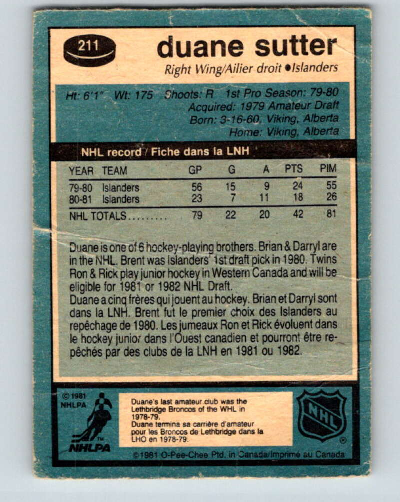 1981-82 O-Pee-Chee #211 Duane Sutter RC Rookie Islanders  V30980