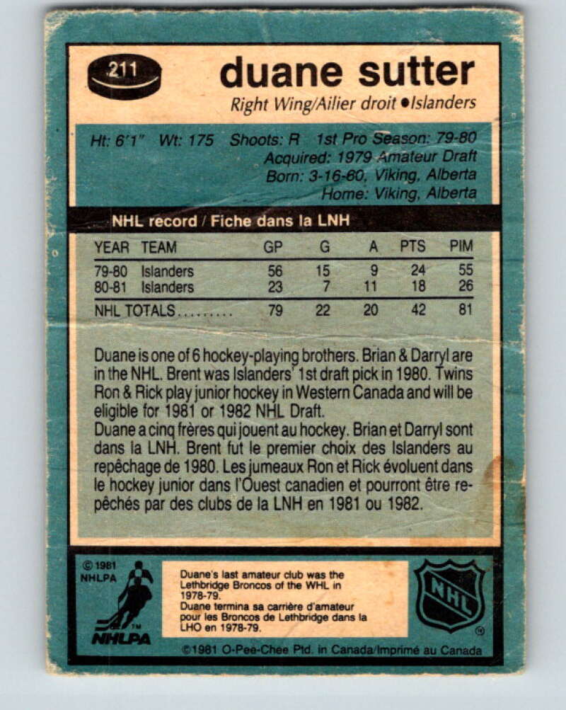 1981-82 O-Pee-Chee #211 Duane Sutter RC Rookie Islanders  V30981