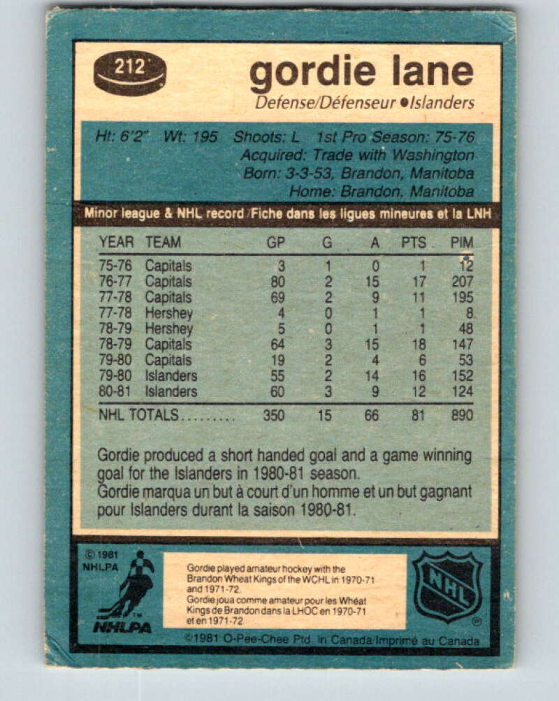 1981-82 O-Pee-Chee #212 Gord Lane  New York Islanders  V30986