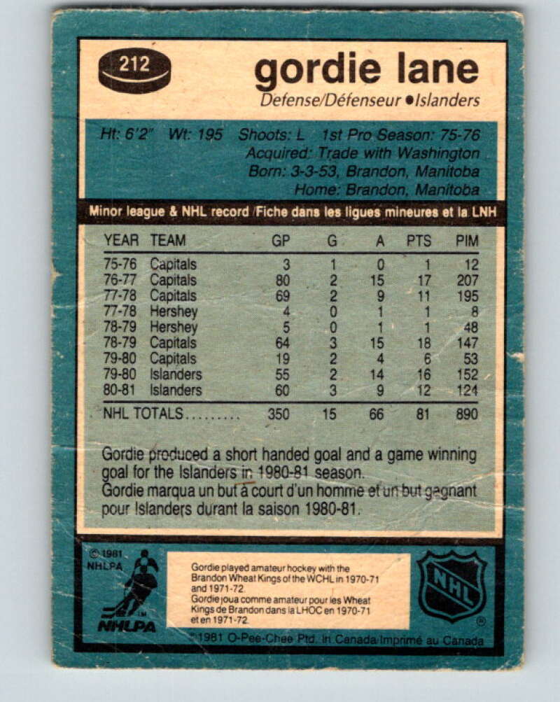 1981-82 O-Pee-Chee #212 Gord Lane  New York Islanders  V30987