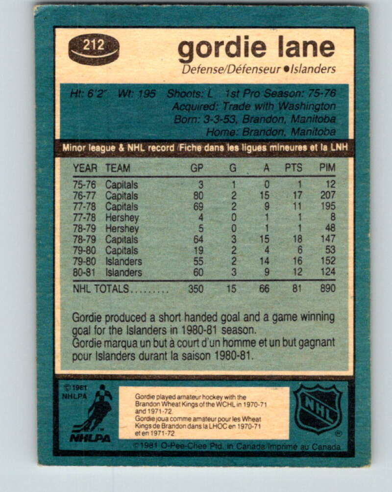 1981-82 O-Pee-Chee #212 Gord Lane  New York Islanders  V30993