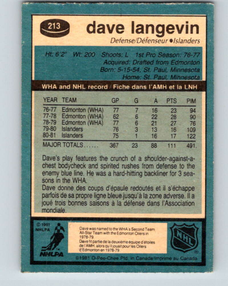 1981-82 O-Pee-Chee #213 Dave Langevin  New York Islanders  V30996