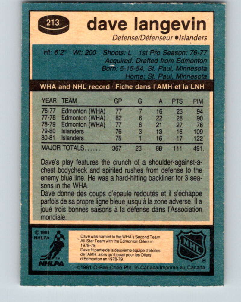 1981-82 O-Pee-Chee #213 Dave Langevin  New York Islanders  V31001