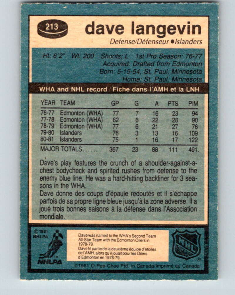 1981-82 O-Pee-Chee #213 Dave Langevin  New York Islanders  V31002