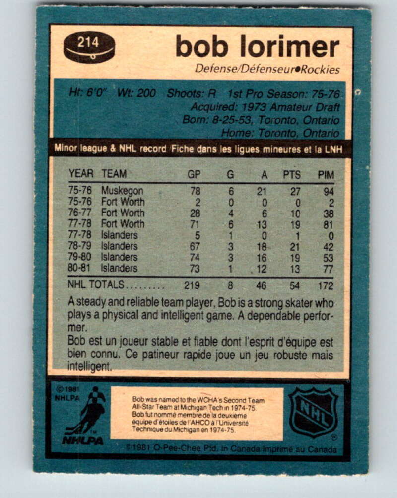 1981-82 O-Pee-Chee #214 Bob Lorimer  Colorado Rockies  V31004