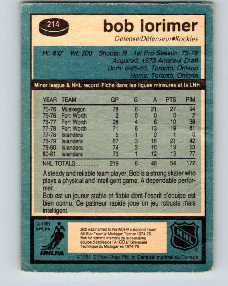 1981-82 O-Pee-Chee #214 Bob Lorimer  Colorado Rockies  V31005