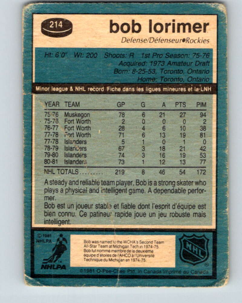 1981-82 O-Pee-Chee #214 Bob Lorimer  Colorado Rockies  V31006