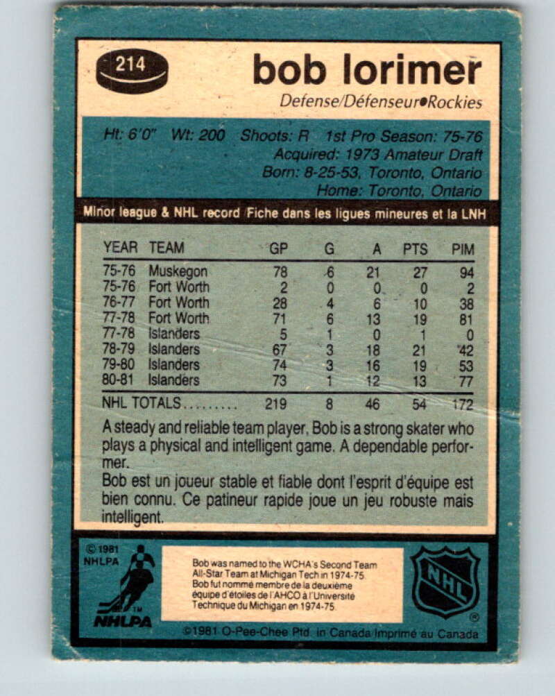 1981-82 O-Pee-Chee #214 Bob Lorimer  Colorado Rockies  V31008