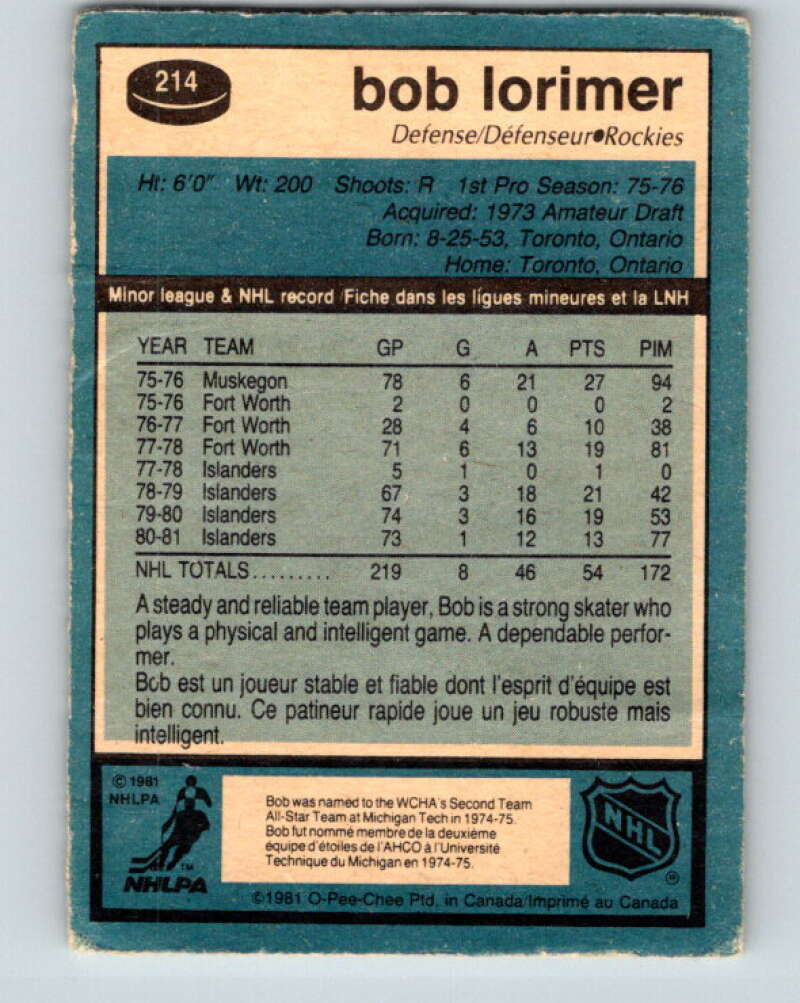 1981-82 O-Pee-Chee #214 Bob Lorimer  Colorado Rockies  V31009