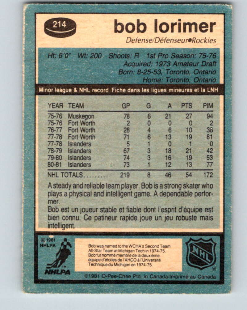 1981-82 O-Pee-Chee #214 Bob Lorimer  Colorado Rockies  V31013