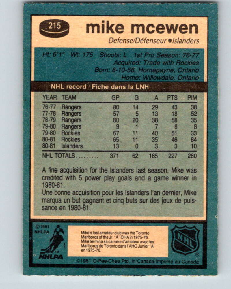 1981-82 O-Pee-Chee #215 Mike McEwen  New York Islanders  V31016