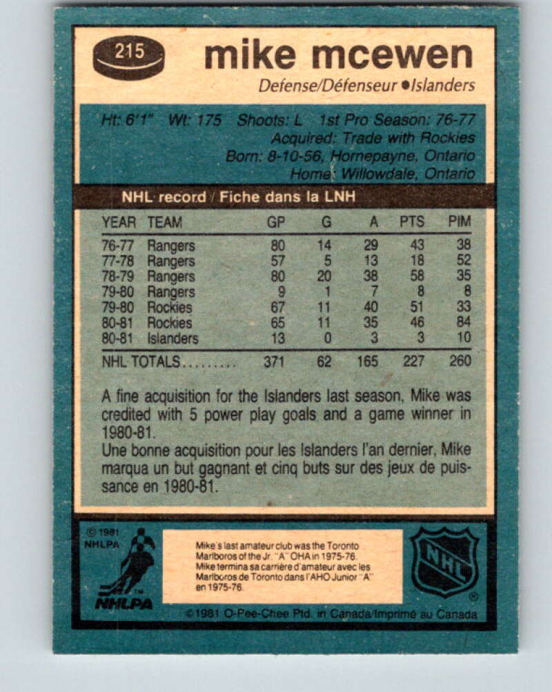 1981-82 O-Pee-Chee #215 Mike McEwen  New York Islanders  V31017