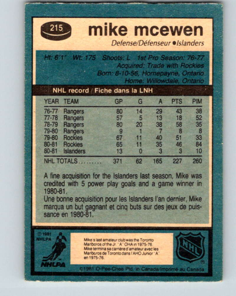 1981-82 O-Pee-Chee #215 Mike McEwen  New York Islanders  V31018