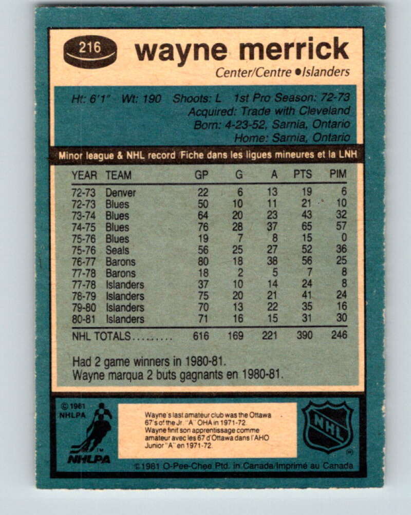 1981-82 O-Pee-Chee #216 Wayne Merrick  New York Islanders  V31021