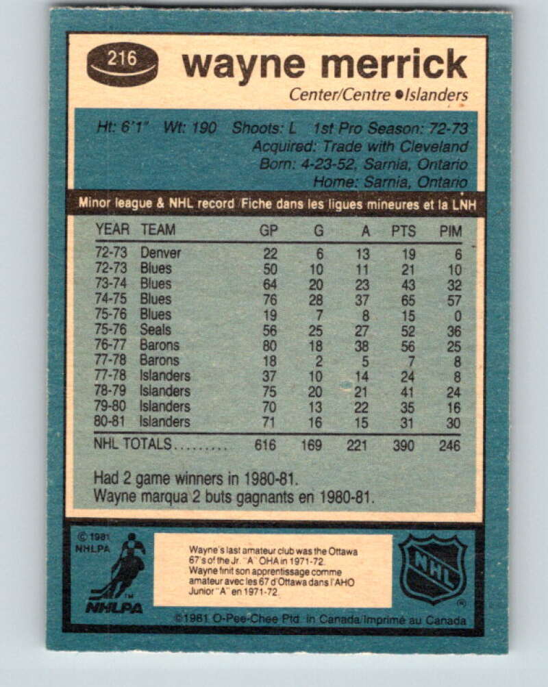 1981-82 O-Pee-Chee #216 Wayne Merrick  New York Islanders  V31022