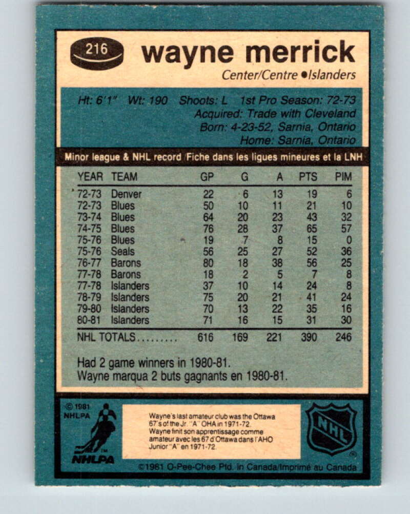 1981-82 O-Pee-Chee #216 Wayne Merrick  New York Islanders  V31024