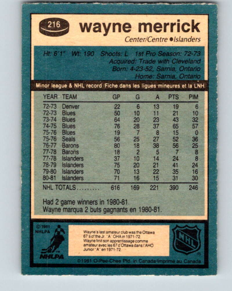 1981-82 O-Pee-Chee #216 Wayne Merrick  New York Islanders  V31025