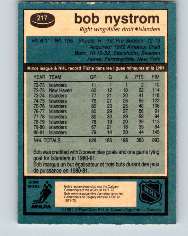 1981-82 O-Pee-Chee #217 Bob Nystrom  New York Islanders  V31030