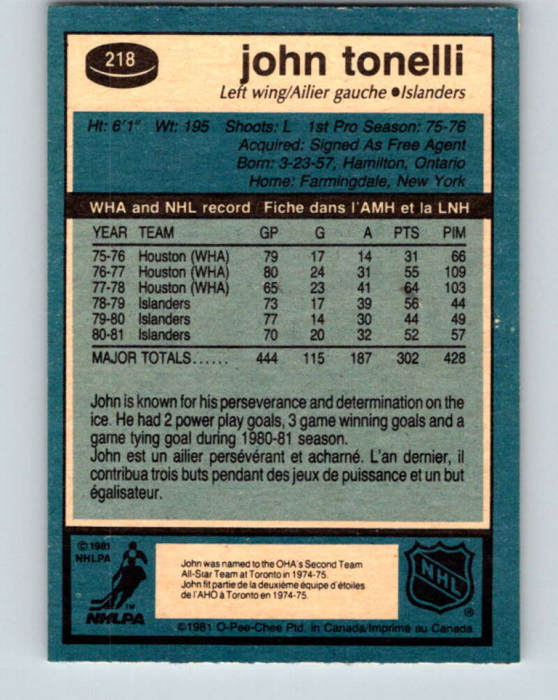 1981-82 O-Pee-Chee #218 John Tonelli  New York Islanders  V31032