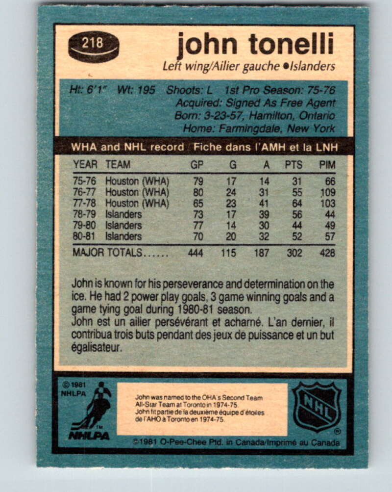 1981-82 O-Pee-Chee #218 John Tonelli  New York Islanders  V31041