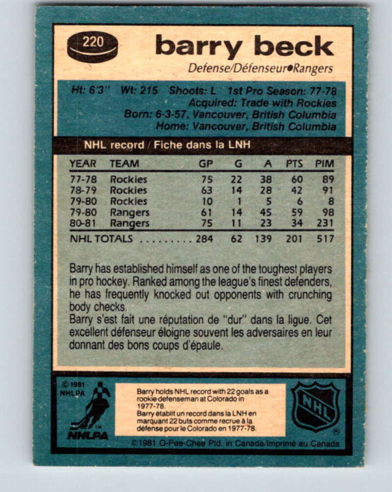 1981-82 O-Pee-Chee #220 Barry Beck  New York Rangers  V31054