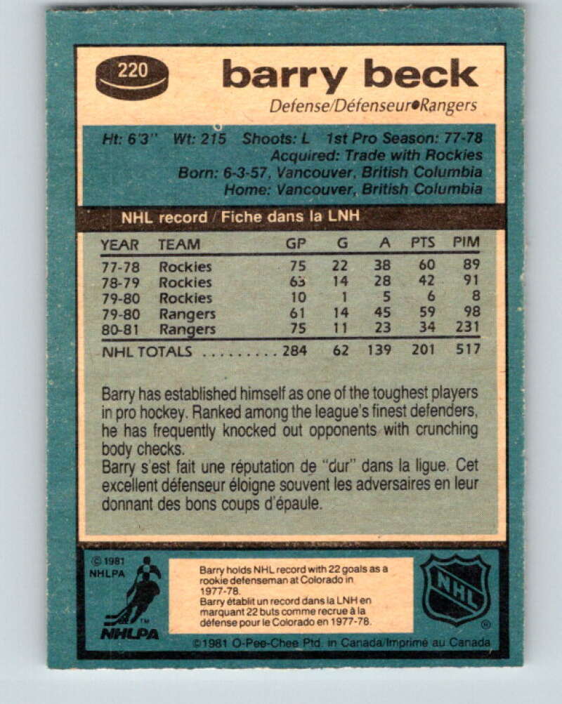 1981-82 O-Pee-Chee #220 Barry Beck  New York Rangers  V31059