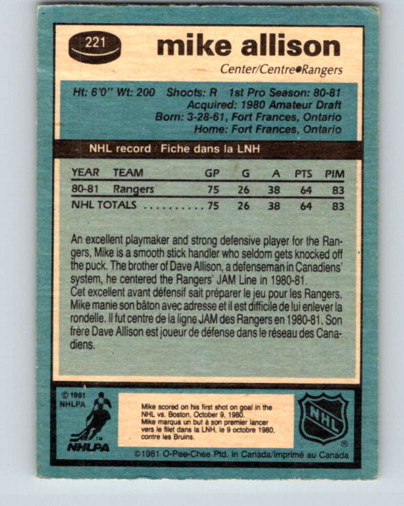 1981-82 O-Pee-Chee #221 Mike Allison  RC Rookie New York Rangers  V31060