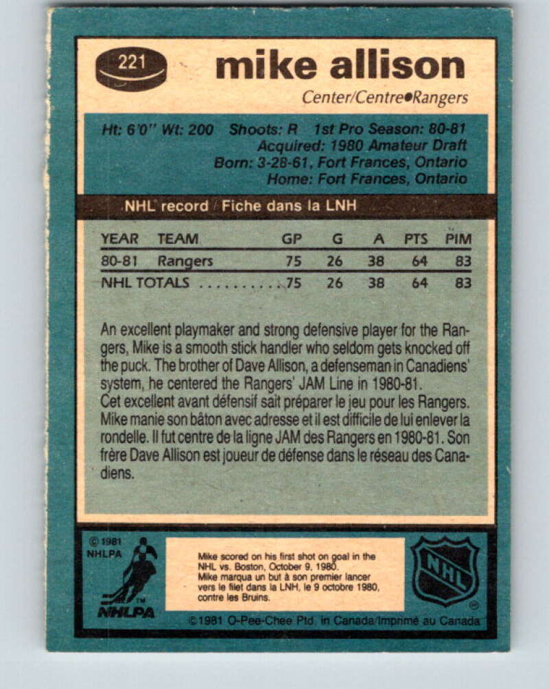 1981-82 O-Pee-Chee #221 Mike Allison  RC Rookie New York Rangers  V31061