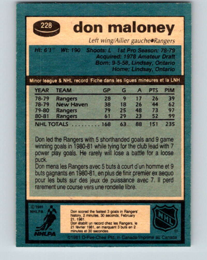 1981-82 O-Pee-Chee #228 Don Maloney  New York Rangers  V31113