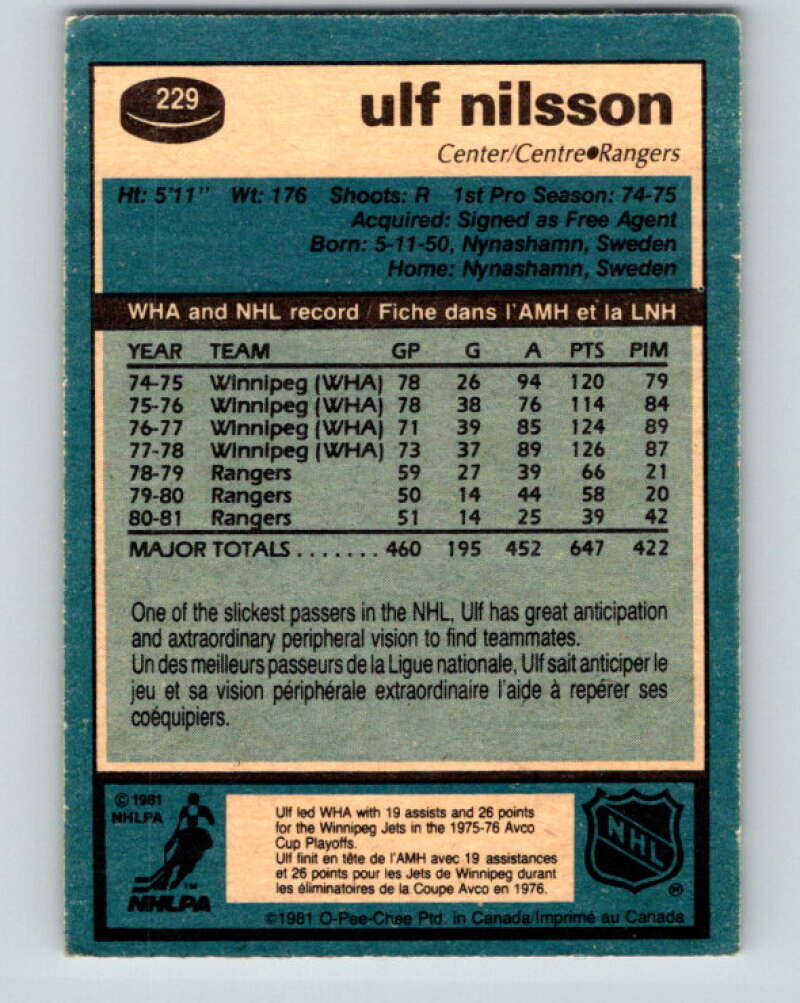 1981-82 O-Pee-Chee #229 Ulf Nilsson  New York Rangers  V31118